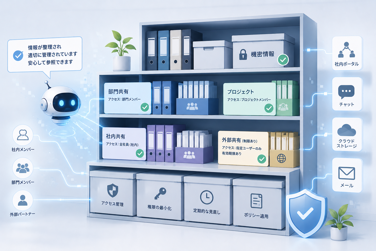 整理・分類された情報棚と適切なアクセス管理を通じて、SharePoint や Teams、OneDrive の情報共有ルールや権限管理が整備され、AI を安心して活用できる状態を表現したイメージ図