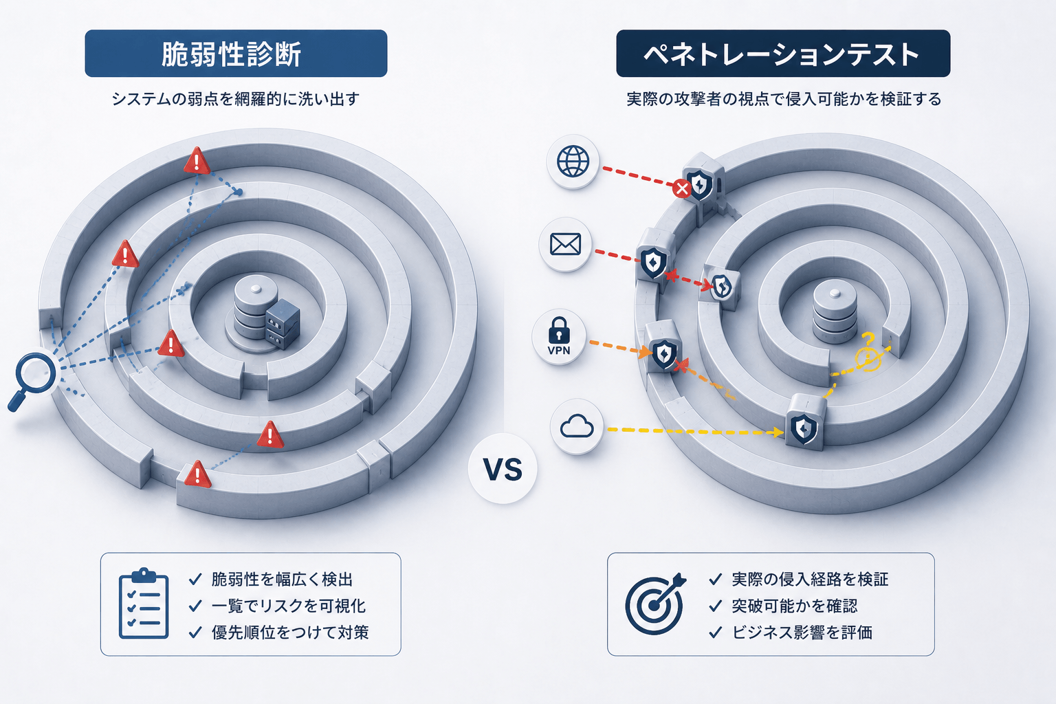 脆弱性診断による網羅的な問題点の洗い出しと、ペネトレーションテストによる実際の侵入可能性検証との違いを比較したイメージ図