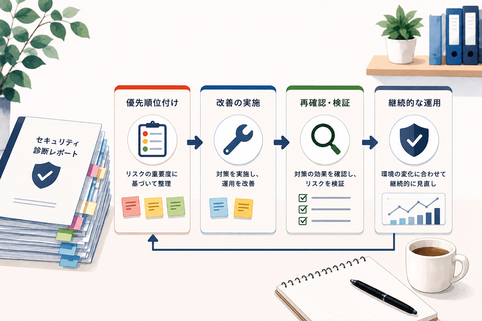 セキュリティ診断結果をもとに、優先順位整理・改善実施・再確認・継続運用へつなげる改善サイクルを表現したイメージ図
