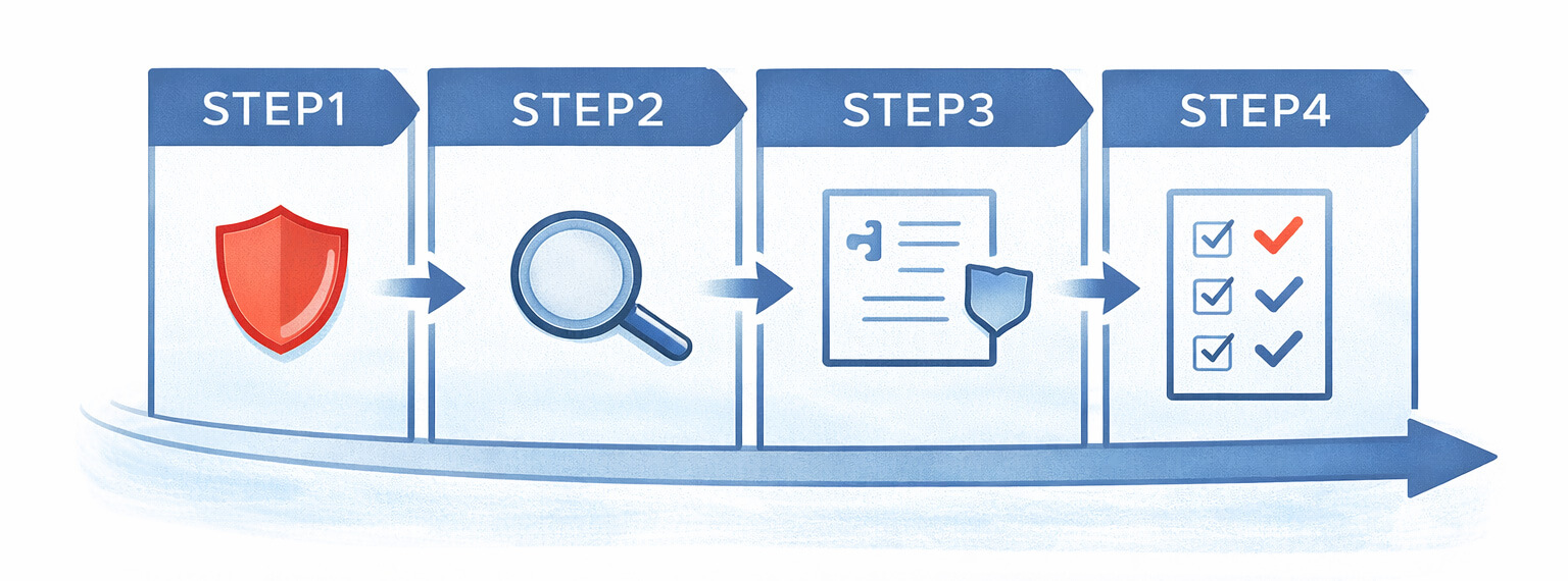 ゼロトラストを比較する前に行う整理の流れ(課題整理、調査、要件定義、チェックリスト化)を示す図