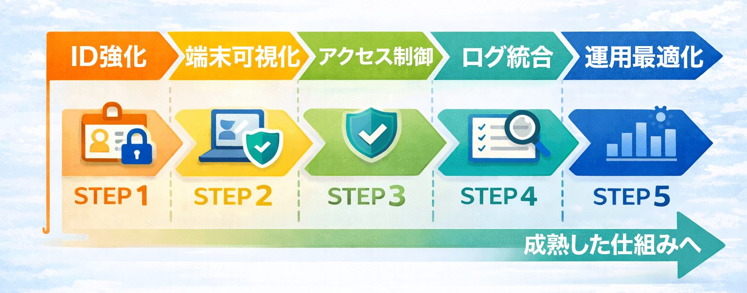 ゼロトラストをID強化から運用最適化まで段階的に導入するステップを示したフロー図