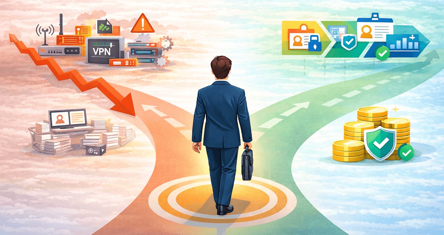 ゼロトラスト導入の誤った進め方と正しい進め方の違いを分岐で示した比較イメージ