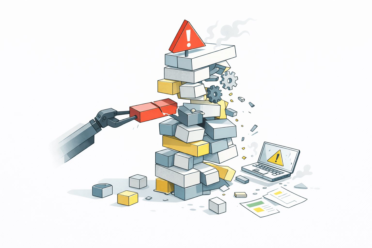 一つのブロックが抜かれることで全体が崩れ始めるジェンガの構造を通じて、セキュリティが単なるコストではなく事業全体に影響するリスク管理であることを示したイメージ図