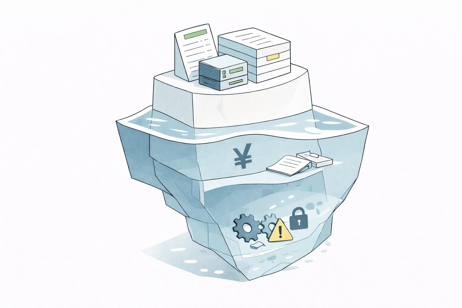 水面上に見える費用と水面下に隠れた損失や負荷を氷山で表現し、見えるコストと見えないコストの違いを示したイメージ図