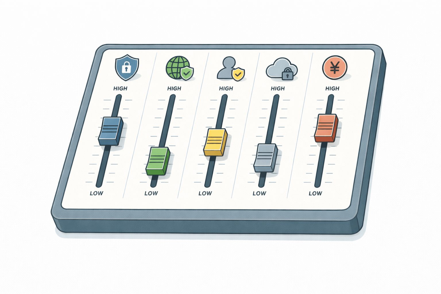 複数のフェーダーを調整するミキサーのような構図で、ゼロトラストは導入するかどうかではなく、どの水準で実現するかを調整して決める考え方を表したイメージ図