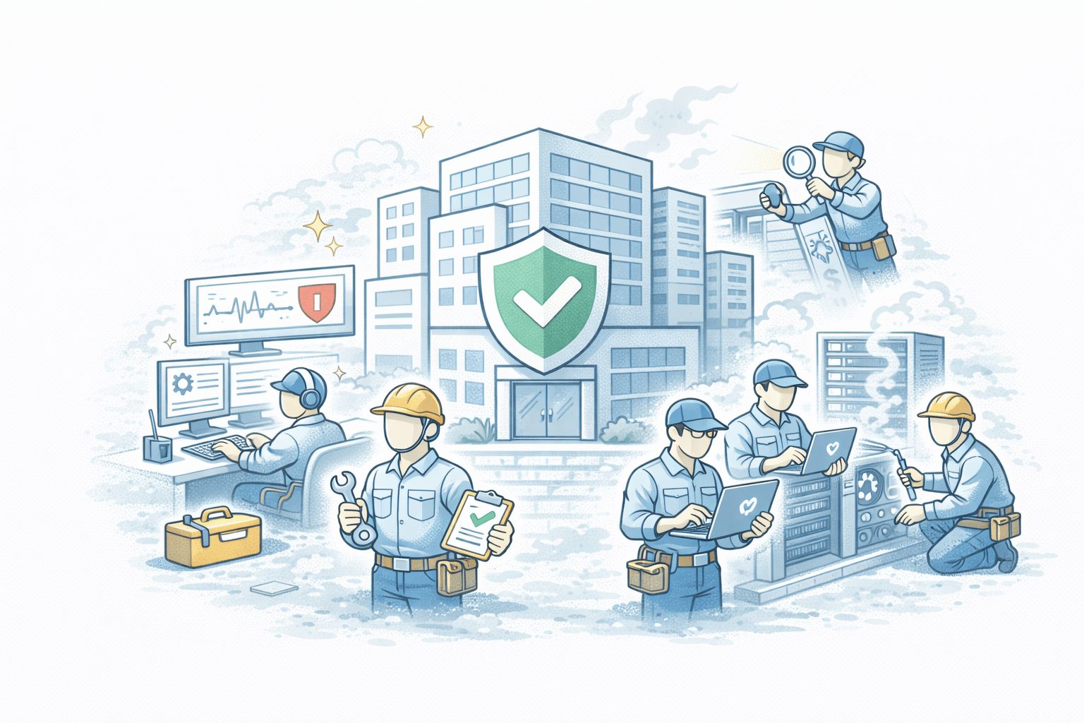 複数の担当者が設備や監視環境を支える様子を通じて、運用責任、初期設計、継続的な運用支援といった支援体制の重要性を表したイメージ図