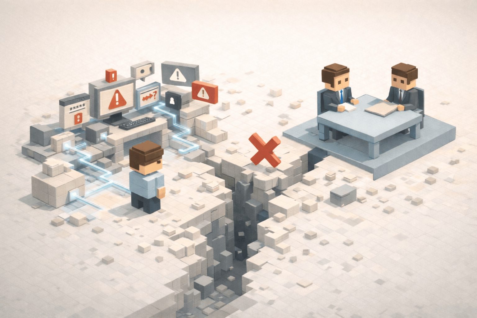 IT部門と経営層の間に大きな溝があり意思決定が分断されている組織構造を表現した図