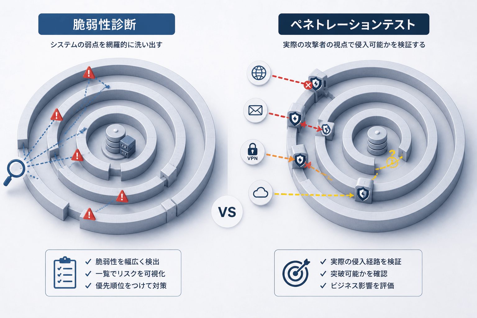脆弱性診断による網羅的な問題点の洗い出しと、ペネトレーションテストによる実際の侵入可能性検証との違いを比較したイメージ図