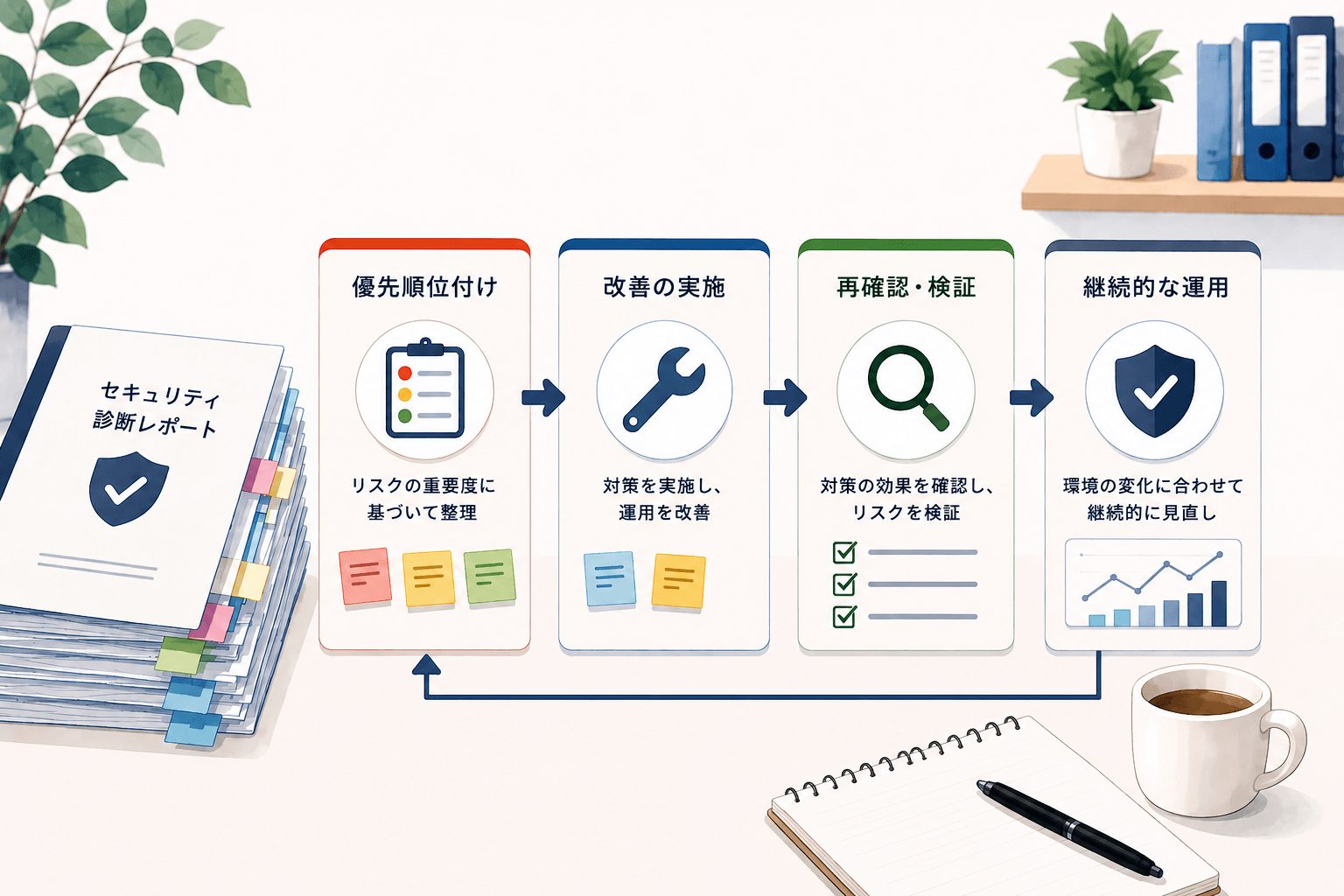 セキュリティ診断結果をもとに、優先順位整理・改善実施・再確認・継続運用へつなげる改善サイクルを表現したイメージ図