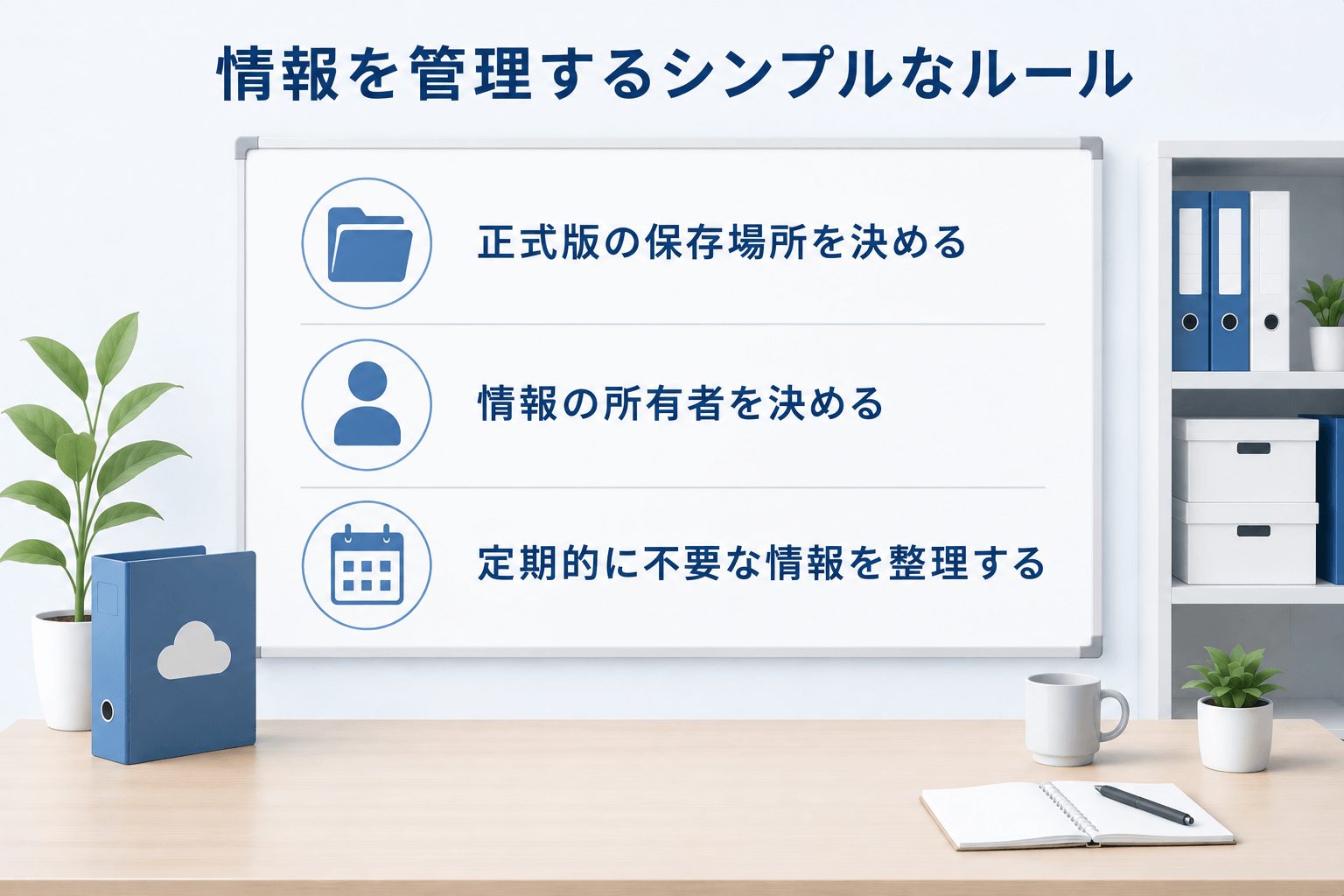 Microsoft 365 の情報管理をシンプルにするために、正式版の保存場所を決めること、情報の所有者を決めること、定期的に不要な情報を整理することという3つの基本ルールを示したイメージ図