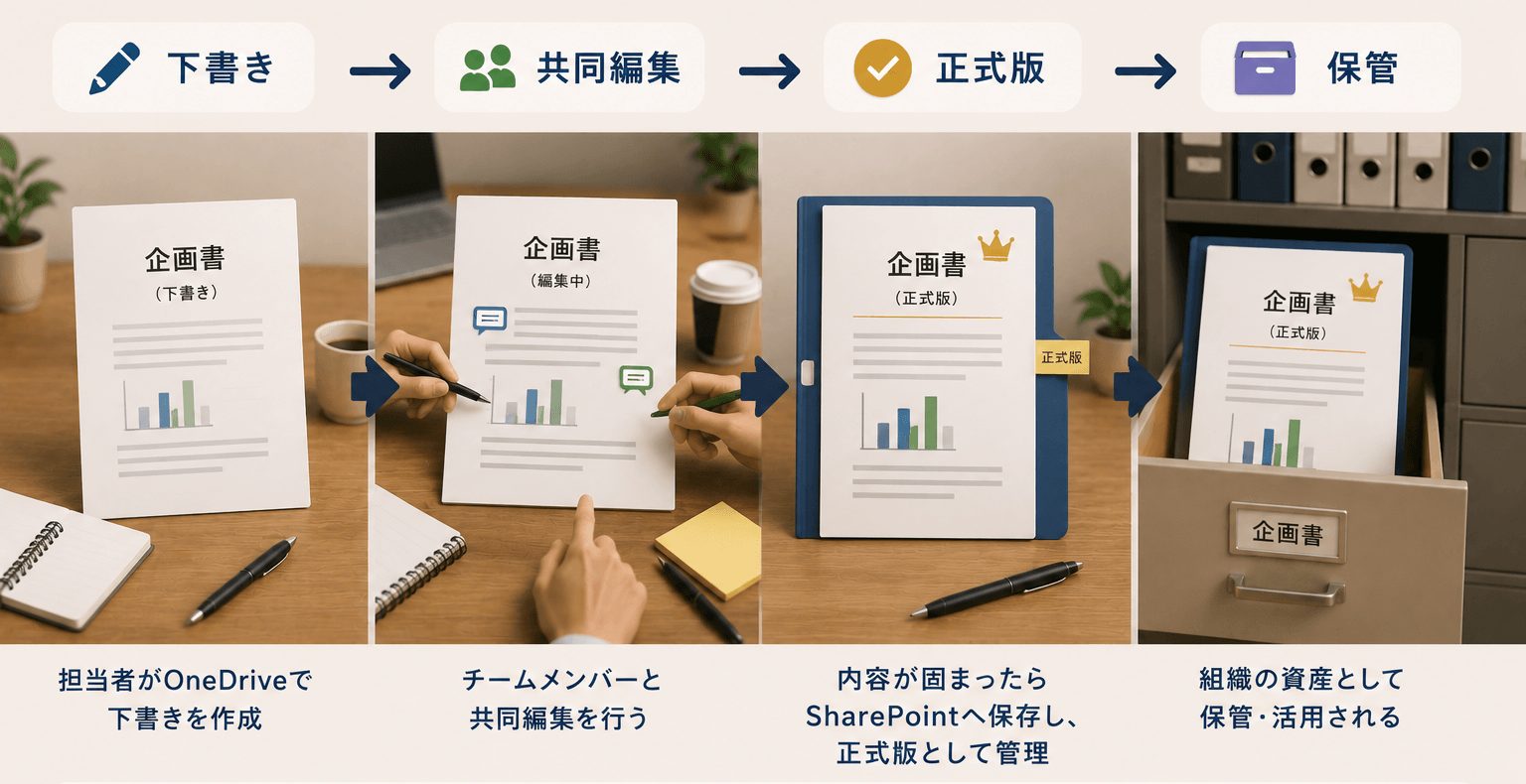 OneDrive で下書きを作成し、チームで共同編集した後、SharePoint に正式版として保存・管理する情報ライフサイクルを示したイメージ図