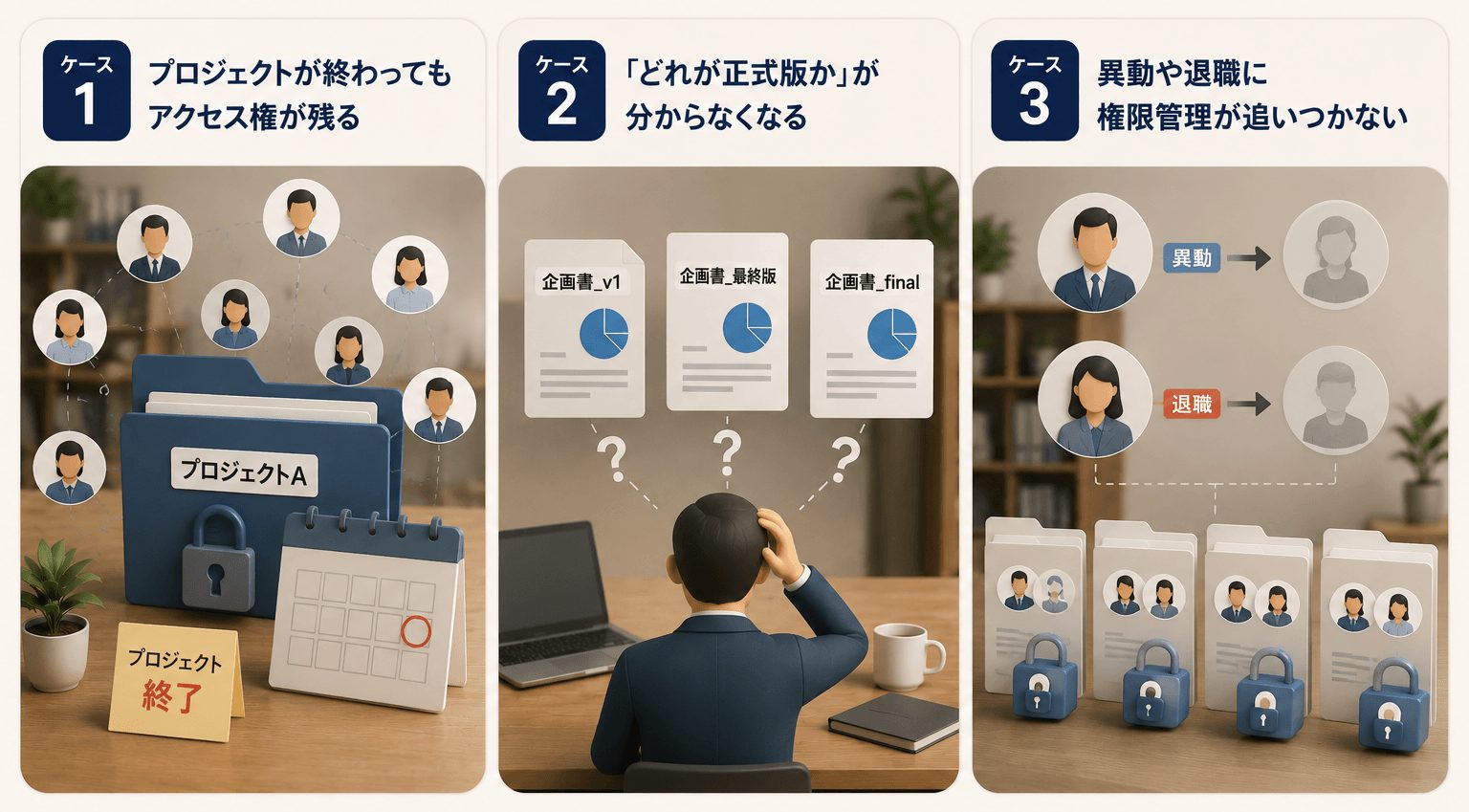 Teams の運用で起こりやすい「プロジェクト終了後もアクセス権が残る」「正式版ファイルが分からなくなる」「異動・退職時に権限管理が追いつかない」という3つの代表的な課題を示したイメージ図