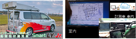 計測中の室内(事務所) と路面性状測定車(smartロメンキャッチャーLYJr.)の車内状況