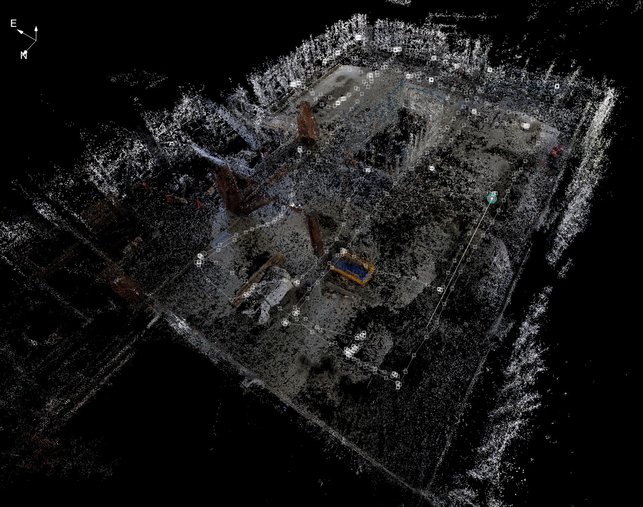 ドローンの画像から生成され、3D空間に配置された飛行軌跡と撮影点（by KnowledgeMap4D）